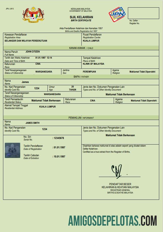 Realista modelo Word e PDF de certidão de nascimento da Malásia